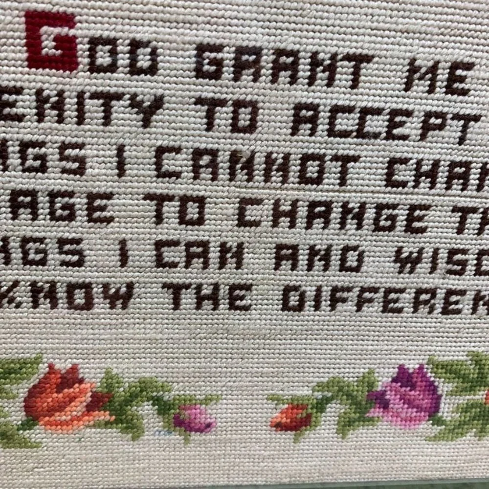 Large Finished Needlepoint Serenity Prayer Floral Framed Wall Hanging Recovery‎